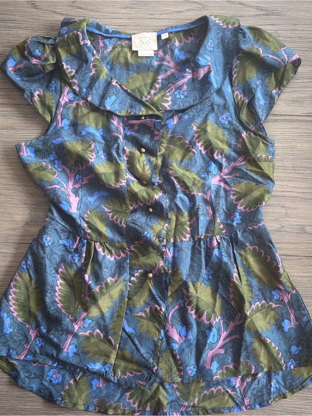 ANTHROPOLOGIE VANESSA VIRGINIA  Blouse in Blue with Olive & Pink Accents